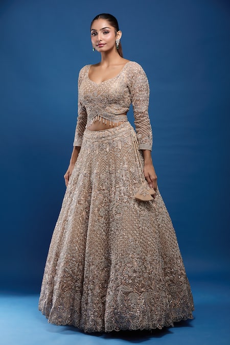 Samyukta Singhania_Gold Net Sequins, Embroidery, Zari, Beads Sweetheart Neck Lehenga Set_at_Aza_Fashions