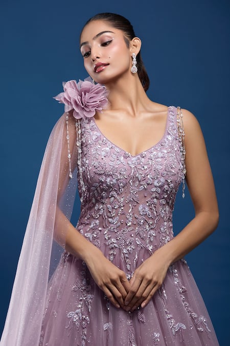 Samyukta Singhania_Purple Net Sequins, Stones, Beads V-neck Embroidered Gown _Online_at_Aza_Fashions