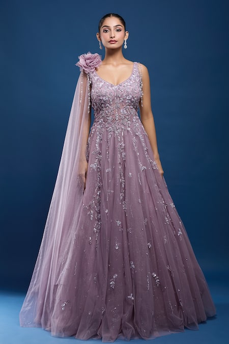 Shop_Samyukta Singhania_Purple Net Sequins, Stones, Beads V-neck Embroidered Gown _Online_at_Aza_Fashions