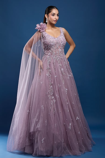 Samyukta Singhania_Purple Net Sequins, Stones, Beads V-neck Embroidered Gown _at_Aza_Fashions