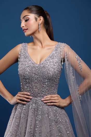 Samyukta Singhania_Gray Net Sequins, Stones, Beads V-neck Embellished Gown_Online_at_Aza_Fashions