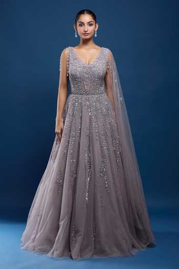 Buy_Samyukta Singhania_Gray Net Sequins, Stones, Beads V-neck Embellished Gown_Online_at_Aza_Fashions
