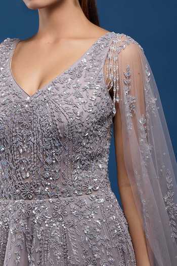 Shop_Samyukta Singhania_Gray Net Sequins, Stones, Beads V-neck Embellished Gown_Online_at_Aza_Fashions