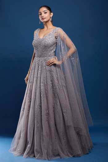 Samyukta Singhania_Gray Net Sequins, Stones, Beads V-neck Embellished Gown_at_Aza_Fashions