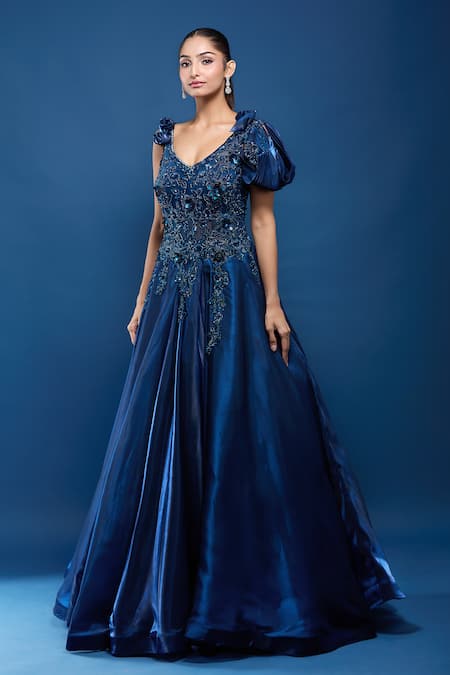 Samyukta Singhania_Blue Tissue Sequins, Stones, Fabric Embellished Gown With Ruffle Sleeves _Online_at_Aza_Fashions