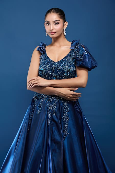 Buy_Samyukta Singhania_Blue Tissue Sequins, Stones, Fabric Embellished Gown With Ruffle Sleeves _Online_at_Aza_Fashions