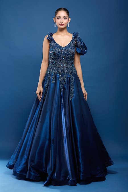 Shop_Samyukta Singhania_Blue Tissue Sequins, Stones, Fabric Embellished Gown With Ruffle Sleeves _Online_at_Aza_Fashions