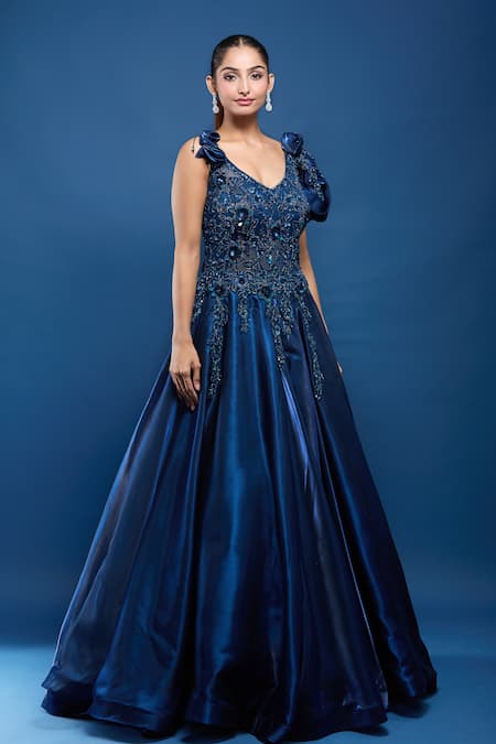 Samyukta Singhania_Blue Tissue Sequins, Stones, Fabric Embellished Gown With Ruffle Sleeves _at_Aza_Fashions