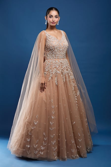 Buy_Samyukta Singhania_Gold Net Sequins, Stones, Embroidery V-neck Gown With Attached Cape _Online_at_Aza_Fashions
