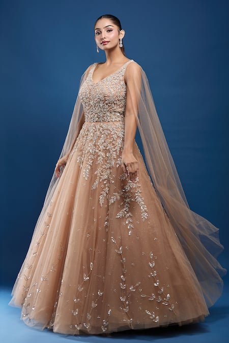 Shop_Samyukta Singhania_Gold Net Sequins, Stones, Embroidery V-neck Gown With Attached Cape _Online_at_Aza_Fashions