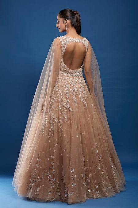 Samyukta Singhania Embroidered Net Gown With Attached Cape 