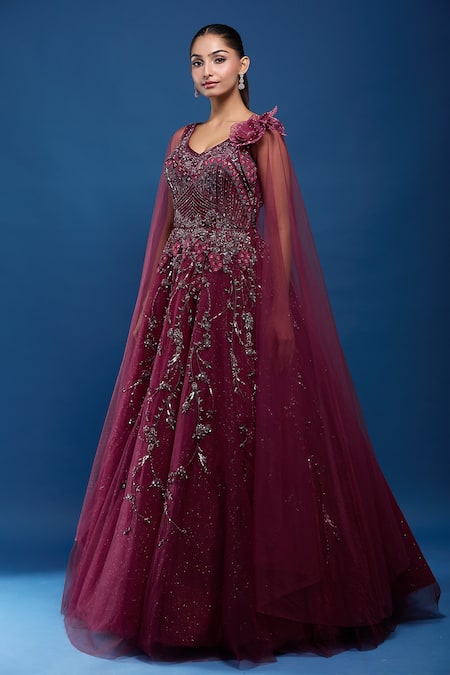Samyukta Singhania_Maroon Net Embroidery, Sequins, Stones Embellished Gown With Cape Sleeves _Online_at_Aza_Fashions