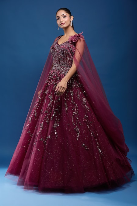 Buy_Samyukta Singhania_Maroon Net Embroidery, Sequins, Stones Embellished Gown With Cape Sleeves _Online_at_Aza_Fashions