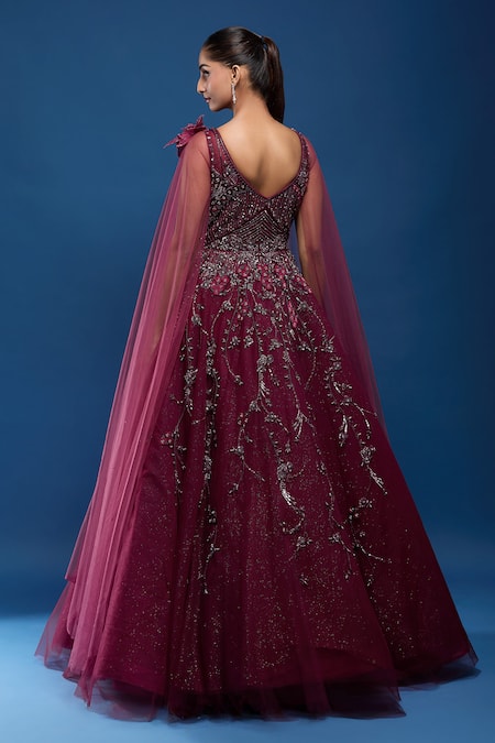 Samyukta Singhania Embellished Net Gown With Cape Sleeves 