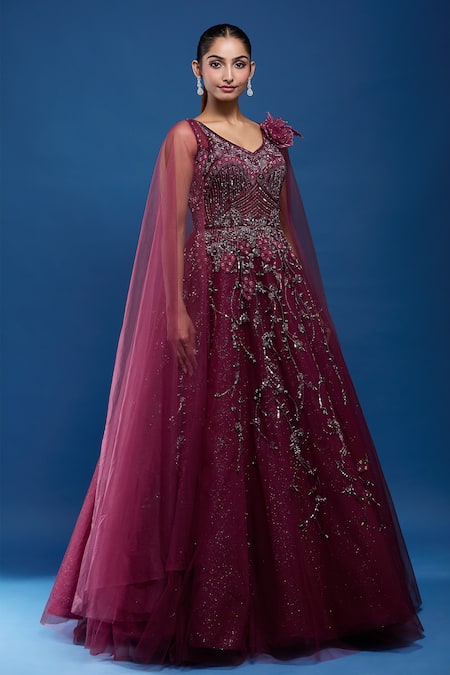 Shop_Samyukta Singhania_Maroon Net Embroidery, Sequins, Stones Embellished Gown With Cape Sleeves _Online_at_Aza_Fashions