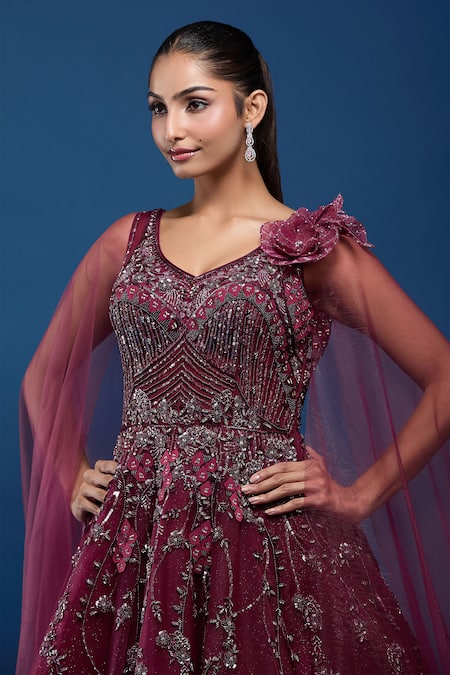 Samyukta Singhania_Maroon Net Embroidery, Sequins, Stones Embellished Gown With Cape Sleeves _at_Aza_Fashions