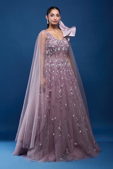 Samyukta Singhania_Purple Net Sequins, Stones V-neck Embroidered Gown _Online_at_Aza_Fashions