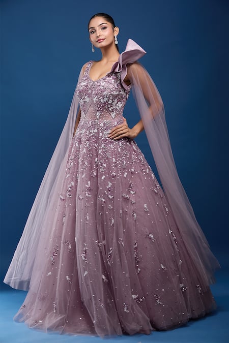 Buy_Samyukta Singhania_Purple Net Sequins, Stones V-neck Embroidered Gown _Online_at_Aza_Fashions