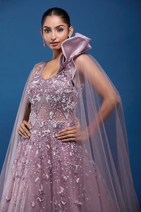 Shop_Samyukta Singhania_Purple Net Sequins, Stones V-neck Embroidered Gown _Online_at_Aza_Fashions
