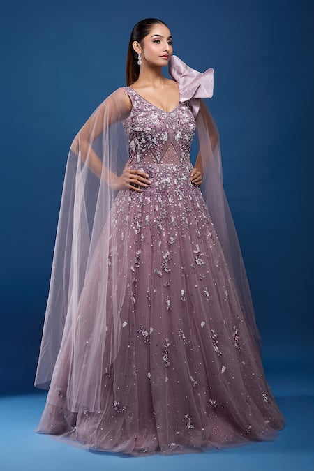 Samyukta Singhania_Purple Net Sequins, Stones V-neck Embroidered Gown _at_Aza_Fashions