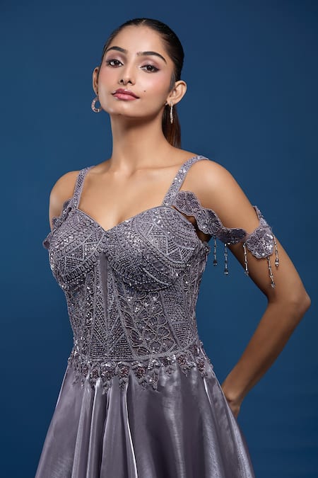 Samyukta Singhania_Purple Tissue Sequins, Beads, Embroidery Sweetheart Neck Off-shoulder Gown _Online_at_Aza_Fashions