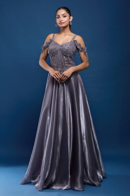 Shop_Samyukta Singhania_Purple Tissue Sequins, Beads, Embroidery Sweetheart Neck Off-shoulder Gown _Online_at_Aza_Fashions