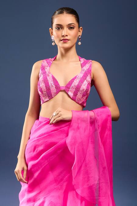 Archana Shah_Pink Sequins V-neck Pre-draped Saree With Embroidered Bustier _at_Aza_Fashions