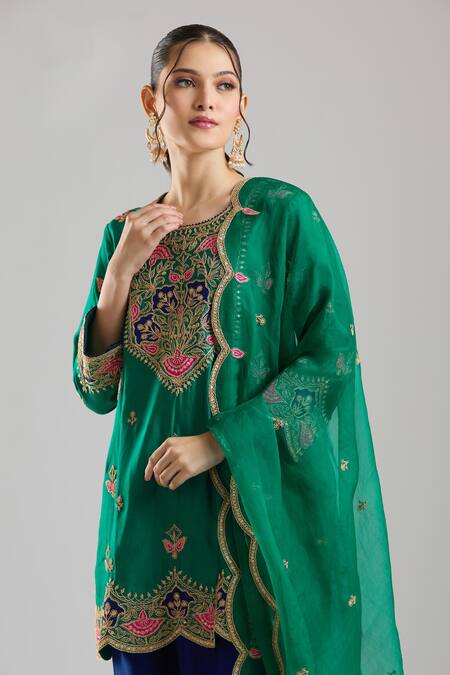 Surbhi Shah Green Silk Embroidery, Zari, Piping, Gota Patti, Tassels Chameli Kurta Set Online at Aza Fashions Surbhi Shah_Green Silk Embroidery, Zari, Piping, Gota Patti, Tassels Chameli Kurta Set _Online_at_Aza_Fashions
