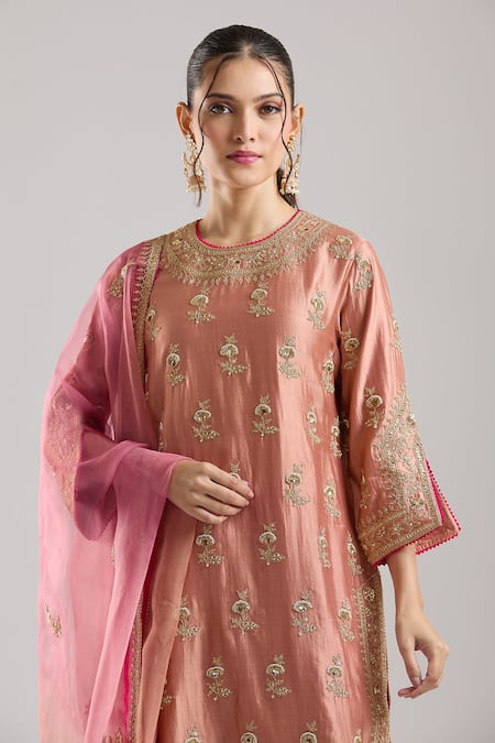 Surbhi Shah Rose Gold Shantoon Embroidery, Zari Round Neck Gulmohar Kurta Salwar Set Online at Aza Fashions Surbhi Shah_Rose Gold Shantoon Embroidery, Zari Round Neck Gulmohar Kurta Salwar Set _Online_at_Aza_Fashions