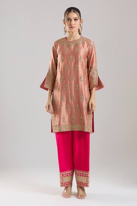 Buy Surbhi Shah Rose Gold Shantoon Embroidery, Zari Round Neck Gulmohar Kurta Salwar Set Online at Aza Fashions Buy_Surbhi Shah_Rose Gold Shantoon Embroidery, Zari Round Neck Gulmohar Kurta Salwar Set _Online_at_Aza_Fashions