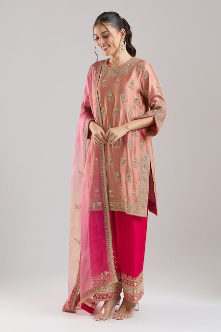 Shop Surbhi Shah Rose Gold Shantoon Embroidery, Zari Round Neck Gulmohar Kurta Salwar Set Online at Aza Fashions Shop_Surbhi Shah_Rose Gold Shantoon Embroidery, Zari Round Neck Gulmohar Kurta Salwar Set _Online_at_Aza_Fashions
