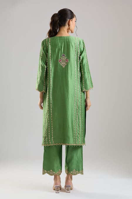 Shop Surbhi Shah Green Organza Embroidery, Zari, Sequins, Beads Split V-neck Sitara Kurta Set at Aza Fashions Shop_Surbhi Shah_Green Organza Embroidery, Zari, Sequins, Beads Split V-neck Sitara Kurta Set _at_Aza_Fashions