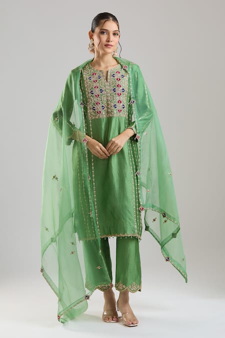 Surbhi Shah Green Organza Embroidery, Zari, Sequins, Beads Split V-neck Sitara Kurta Set 