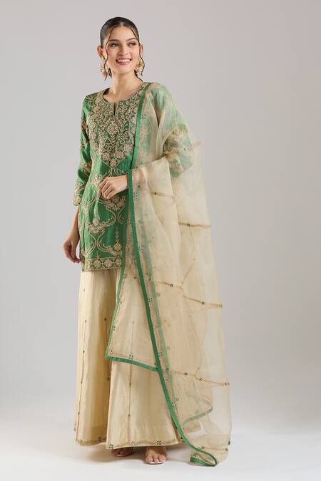 Buy_Surbhi Shah_Green Embroidery, Sequins, Beads Split V-neck Bawri Kurta Sharara Set _Online_at_Aza_Fashions