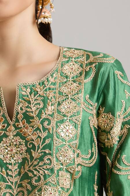 Shop_Surbhi Shah_Green Embroidery, Sequins, Beads Split V-neck Bawri Kurta Sharara Set _Online_at_Aza_Fashions