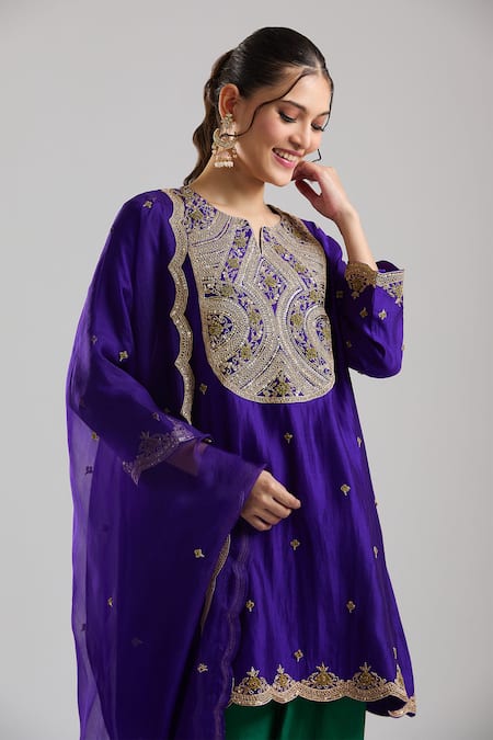 Surbhi Shah Purple Embroidery, Zari, Tassels Split V-neck Kurta Salwar Set Online at Aza Fashions Surbhi Shah_Purple Embroidery, Zari, Tassels Split V-neck Kurta Salwar Set _Online_at_Aza_Fashions