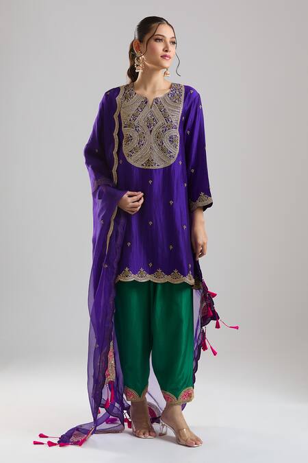 Buy Surbhi Shah Purple Embroidery, Zari, Tassels Split V-neck Kurta Salwar Set Online at Aza Fashions Buy_Surbhi Shah_Purple Embroidery, Zari, Tassels Split V-neck Kurta Salwar Set _Online_at_Aza_Fashions