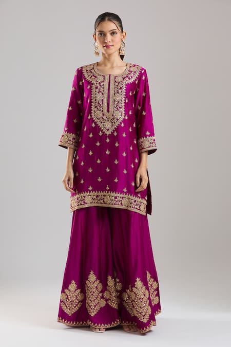 Surbhi Shah Magenta Organza Embroidery, Sequins, Zari Round Neck Kurta Sharara Set Online at Aza Fashions Surbhi Shah_Magenta Organza Embroidery, Sequins, Zari Round Neck Kurta Sharara Set _Online_at_Aza_Fashions