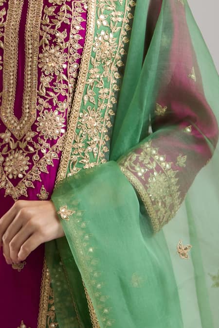 Buy Surbhi Shah Magenta Organza Embroidery, Sequins, Zari Round Neck Kurta Sharara Set Online at Aza Fashions Buy_Surbhi Shah_Magenta Organza Embroidery, Sequins, Zari Round Neck Kurta Sharara Set _Online_at_Aza_Fashions