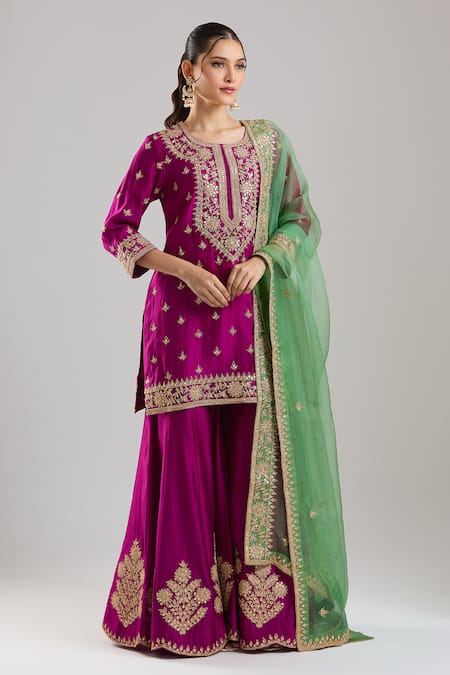 Surbhi Shah Magenta Organza Embroidery, Sequins, Zari Round Neck Kurta Sharara Set at Aza Fashions Surbhi Shah_Magenta Organza Embroidery, Sequins, Zari Round Neck Kurta Sharara Set _at_Aza_Fashions