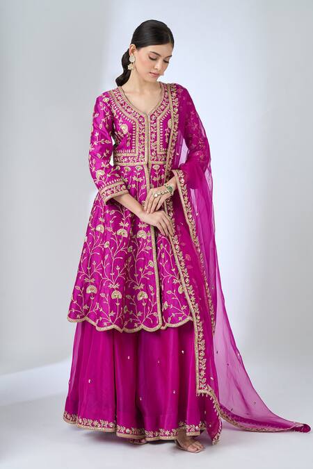 Surbhi Shah Magenta Organza Embroidery, Zari, Sequins V-neck Peplum Kurta Sharara Set Online at Aza Fashions Surbhi Shah_Magenta Organza Embroidery, Zari, Sequins V-neck Peplum Kurta Sharara Set _Online_at_Aza_Fashions