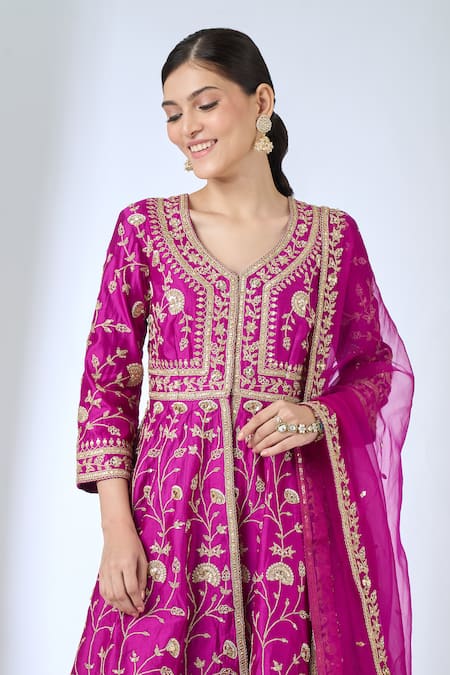 Shop Surbhi Shah Magenta Organza Embroidery, Zari, Sequins V-neck Peplum Kurta Sharara Set Online at Aza Fashions Shop_Surbhi Shah_Magenta Organza Embroidery, Zari, Sequins V-neck Peplum Kurta Sharara Set _Online_at_Aza_Fashions