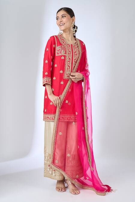 Buy_Surbhi Shah_Red Organza Embroidery, Zari, Mirrors, Tassels Round Neck, Gulmohar Kurta Set _Online_at_Aza_Fashions