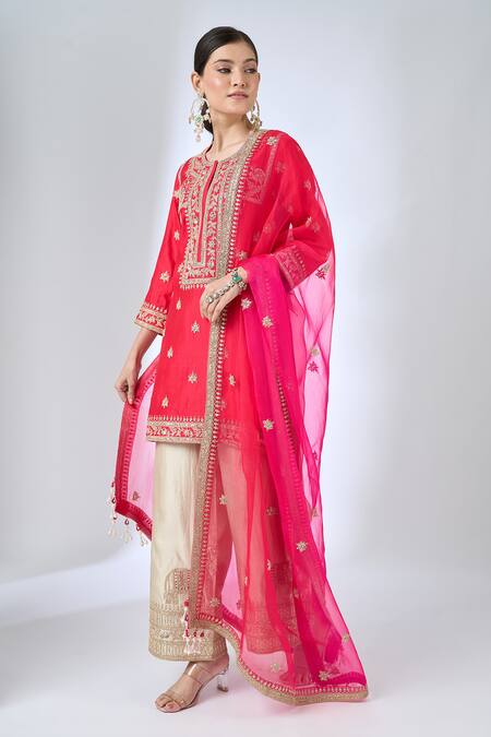 Shop_Surbhi Shah_Red Organza Embroidery, Zari, Mirrors, Tassels Round Neck, Gulmohar Kurta Set _Online_at_Aza_Fashions