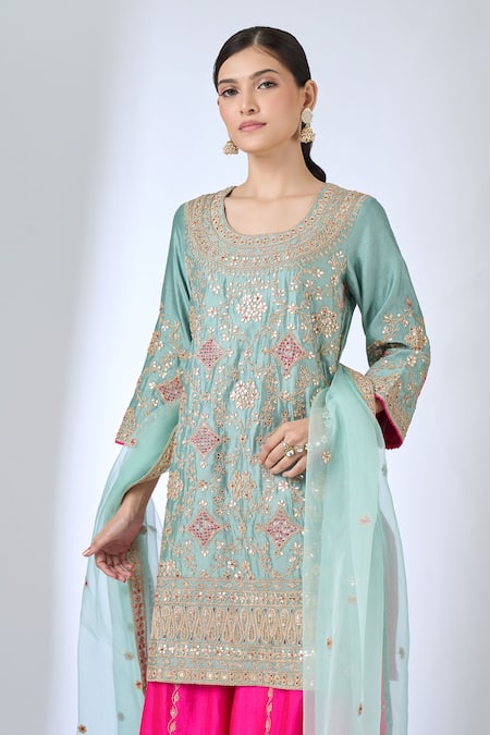 Surbhi Shah Blue Embroidery, Mirrors, Sequins, Gota Patti, Tassels Round Kurta Sharara Set Online at Aza Fashions Surbhi Shah_Blue Embroidery, Mirrors, Sequins, Gota Patti, Tassels Round Kurta Sharara Set _Online_at_Aza_Fashions