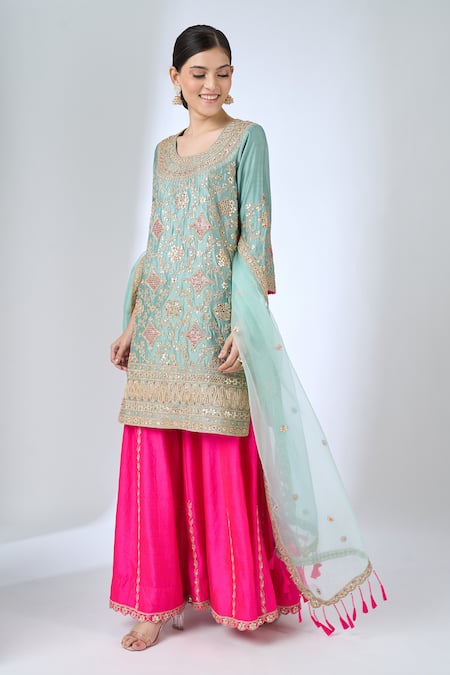 Buy Surbhi Shah Blue Embroidery, Mirrors, Sequins, Gota Patti, Tassels Round Kurta Sharara Set Online at Aza Fashions Buy_Surbhi Shah_Blue Embroidery, Mirrors, Sequins, Gota Patti, Tassels Round Kurta Sharara Set _Online_at_Aza_Fashions
