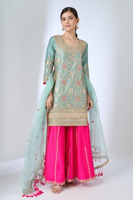 Shop Surbhi Shah Blue Embroidery, Mirrors, Sequins, Gota Patti, Tassels Round Kurta Sharara Set Online at Aza Fashions Shop_Surbhi Shah_Blue Embroidery, Mirrors, Sequins, Gota Patti, Tassels Round Kurta Sharara Set _Online_at_Aza_Fashions
