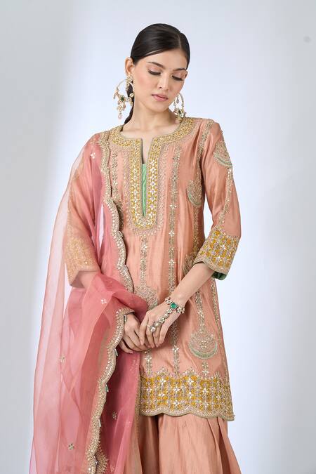 Surbhi Shah_Pink Silk, Organza Embroidery, Zari, Sequins, Gota Chandani Kurta Sharara Set _Online_at_Aza_Fashions