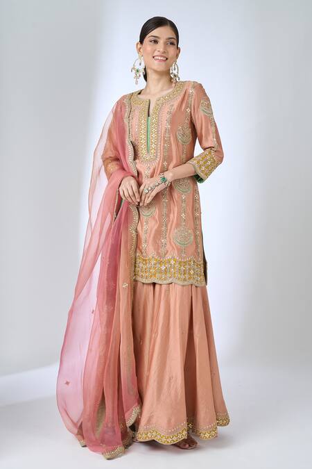 Buy_Surbhi Shah_Pink Silk, Organza Embroidery, Zari, Sequins, Gota Chandani Kurta Sharara Set _Online_at_Aza_Fashions