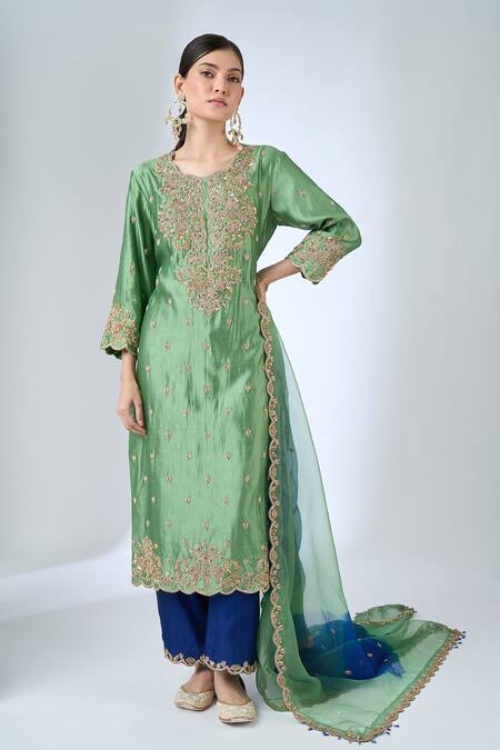 Surbhi Shah_Green Silk Embroidery, Sequins, Stones Round Neemrana Powder Sage Kurta Set _at_Aza_Fashions